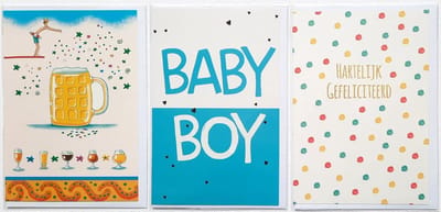 3 Wenskaarten - BABY BOY + Blanco Kaart Bier + Hartelijk Gefeliciteerd - 12 x 17 cm – GEB-305