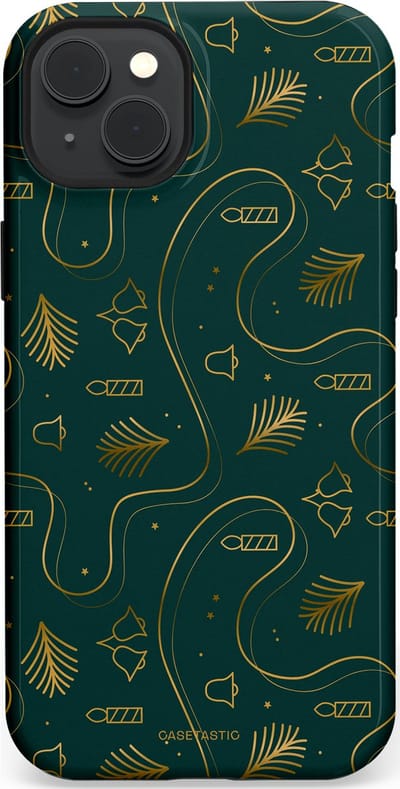 Casetastic hoesje geschikt voor Apple iPhone 15 Plus - MagSafe - Dubbellaagse bescherming - Groene kerst bellen en takken - Fashion Case - Donkergroen Donkergrijs Petrol