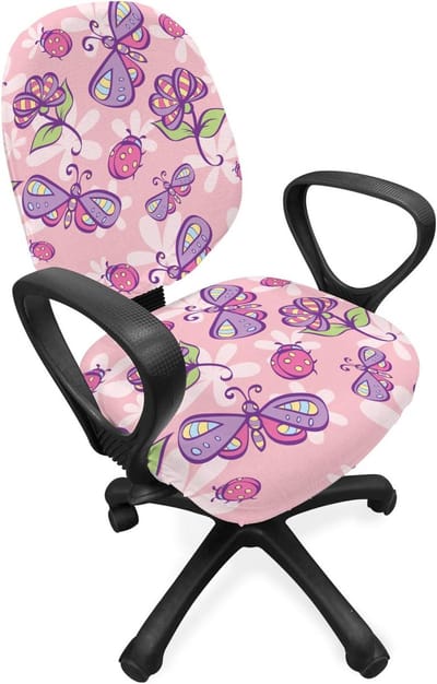 ABAKUHAUS Bloemenbureaustoel Sliphoes, Butterfly Cartoon stijl, Stretch Fabric decoratieve beschermhoes, lichtroze lavendel