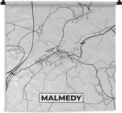 Wandkleed - Wanddoek - Zwart Wit – België – Plattegrond – Stadskaart – Kaart – Malmedy - 180x180 cm - Wandtapijt