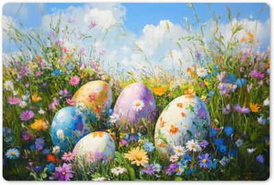 Placemats 45x30 cm - Placemat kunststof - 1 stuk - Grasveld - Eieren - Bloemen - Borden onderleggers - Decoratie voor op tafel - Keuken tafeldecoratie accessoires - Vinyl onderlegger - Tafelversiering