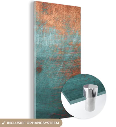 MuchoWow® Glasschilderij 20x40 cm - Schilderij acrylglas - Metaal - Roest - Brons - Blauw - Abstract - Structuur - Foto op glas - Schilderijen