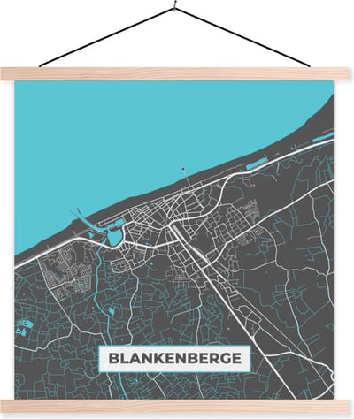 Posterhanger incl. Poster 40x40 cm - Schoolplaat - België – Blankenberge – Stadskaart – Kaart – Blauw – Plattegrond - Textielposter - Blanke latten - Stadskaart