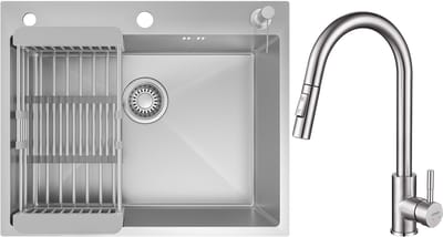 CECIPA max Spoelbak 60x49CM - Met keukenkraan met uittrekbare uitloop - Inbouwspoelbak - Spoelbak Keuken RVS - Spoelbak Met Kraangat - Spoelbak Met Zeepdispenser - Verstelbaar Mandje - Overloop en Sifon
