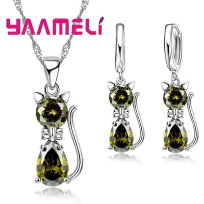 Parure de bijoux en argent sterling 925 véritable pour femmes et filles, avec pendentif chat en cristal autrichien brillant, boucles d'oreilles Huggie gray