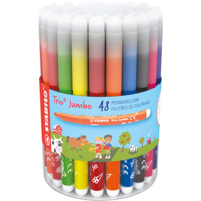 STABILO Trio Jumbo - Viltstift - Robuuste XL-punt - 12 Kleuren - Plastic Koker Met 48 Stuks