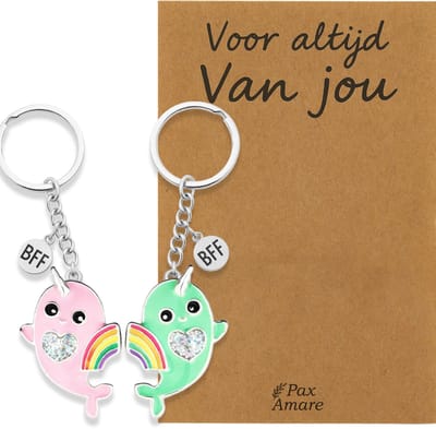 Koppel Sleutelhanger voor 2 'Voor altijd van jou' - Regenboog Narwal Roze & Groen - Sleutelhanger set op Cadeau Kaartje - Zilverkleurig - Persoonlijke Hanger - Pax Amare