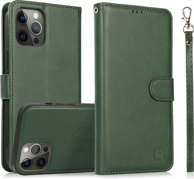 Perfeqt geschikt voor iPhone 14 Pro Uitneembare leer BookCase Hoesje - Dark Mint Green