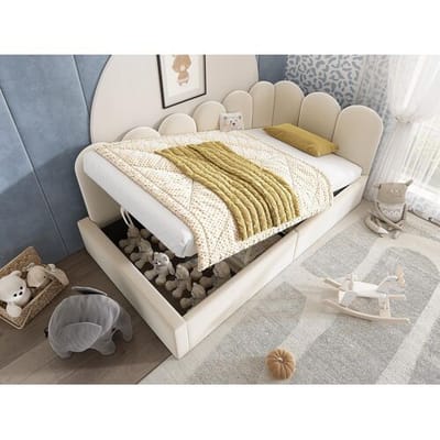 ModernLuxe Slaapbank met opbergruimte - fluweelstof - 90x190 cm - met lattenbodem - Beige