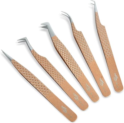 Set van 5 Professionele Wimper Pincetten - RVS - Recht, Gebogen & Hoekpincet
