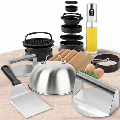 Famanu – Professionele hamburgerkit, 6-delig, met smasher, spatel, koepel, eierring en receptenboek