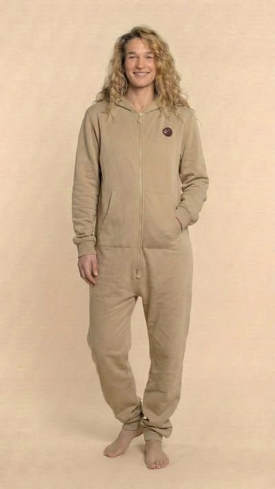 Dames Knuffle Jogging Onesie | Linda: "De allerbeste Onesie voor iedere vrouw. Stijlvol, comfortabel en geweldige kwaliteit!" | Knuffle is eigentijds Nederlands merk | Handgemaakt in Portugal | Loungewear | Dit is de kleur Beige - maat XL