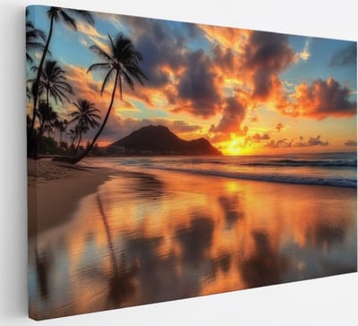 Saammp Canvas Schilderij - Tropisch strand - Zee met zonsondergang - 30x20 - Foto op canvas - Wanddecoratie - muurdecoratie Woonkamer - Slaapkamer decoratie - Canvas Print