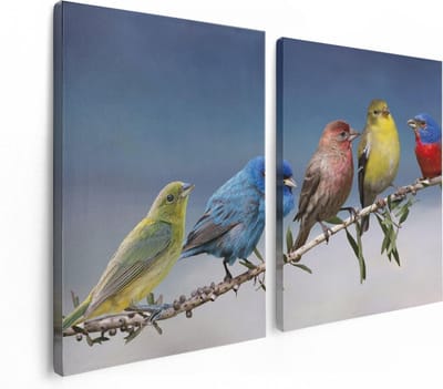 Artaza Canvas Schilderij Tweeluik Kleurrijke Zangvogels Op Een Tak - Kleur - 120x80 - Foto Op Canvas - Canvas Print
