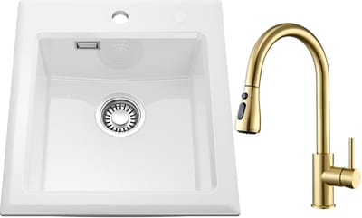 CECIPA Max Spoelbak Met Kraangat 45x50CM - Keramische Spoelbak Keuken - Spoelbakken Keuken Met Keukenkraan Met Uittrekbare Uitloop - Wasbak Keuken - Wit