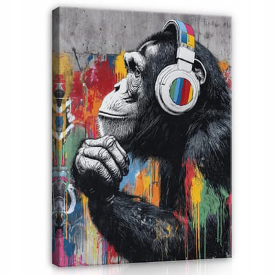 WALLARENA - Schilderij op canvas - 100x70 cm - graffiti aap in Banksy stijl - moderne wanddecoratie woonkamer en slaapkamer