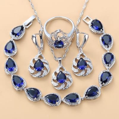Blauwe Saffier Hanger Oorbellen Ketting en Ring Dames Set No. 6 gray