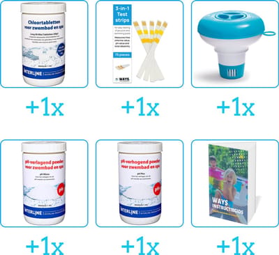 Zwembad Onderhoudspakket - Onderhoud Zwembad - bevat Chloor - Testrips - Chloordrijver - PH-min - PH-plus en Zwembadgids (6-delig)