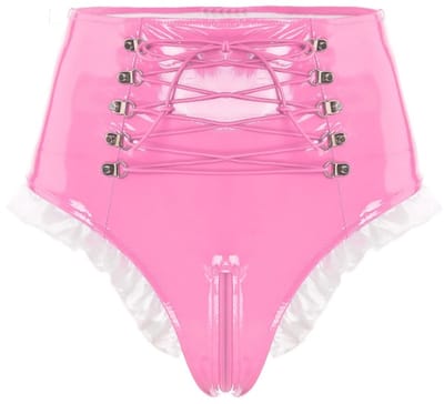 BamBella® Slip Onderbroek - Maat L/XL - Erotische Sexy BDSM Lingerie Dames - Roze rits ondergoed Datex mix latex en stof wetlook open kruis