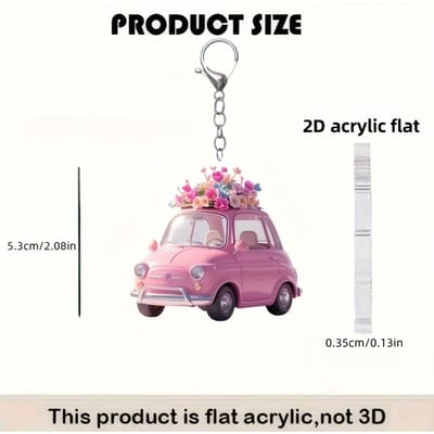 1 stuk, 2D Vlakke Mode Roze Auto met bloem sleutelhanger voor rugzak en autosleutels, vakantiefeest decoraties, perfecte cadeaus voor Thanksgiving pink