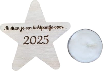Houten ster met theelichtje ''Ik stuur je een lichtpuntje voor 2023'' - hart onder de riem steken - cadeautje - kerstmis - kleinigheidje - lief gebaar