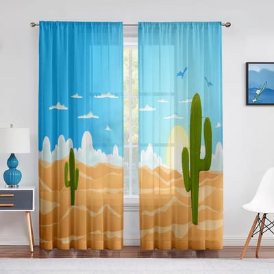 Rideau transparent en Tulle avec feuilles de plantes tropicales, Cactus sauvage, pour salon, chambre à coucher, Voile, fenêtre de cuisine, essentiels pour la maison 1 PCS W100XH250cm&Grommet Top