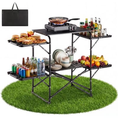 VEVOR opvouwbare campingkeuken, kookstation voor op de camping met 4 bijzettafels, hittebestendig tafelblad en draagtas, draagbaar campingkeukenstation, ideaal voor picknicks, barbecues en camperreizen.
