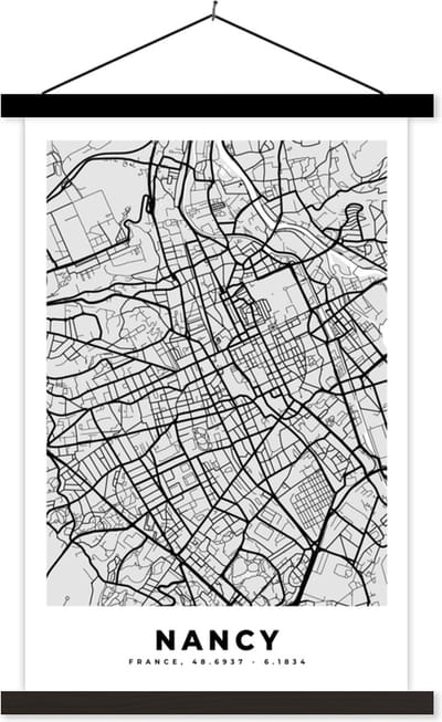 Posterhanger incl. Poster 40x60 cm - Schoolplaat - Stadskaart - Frankrijk - Kaart - Nancy - Plattegrond - Textielposter - Zwarte latten - Stadskaart