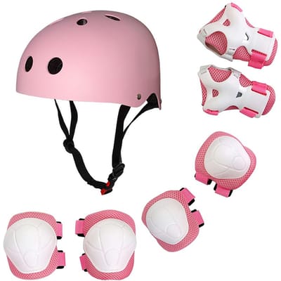 Beschermende Uitrusting Set voor Kinderen 7-delig Verstelbare Helm Knie Elleboog Polsbeschermers voor Kinderen Skateboard Scooter Schaatsen roze