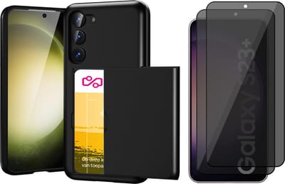Hoesje met Pasjeshouder geschikt voor Samsung Galaxy S23 Plus - 2x Privacy Screen Protector FullGuard - Back Cover SlideCase Zwart & Screenprotector