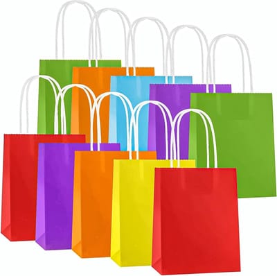 Kleurige cadeauzakjes van kraftpapier, set van 10, met handvat, ideaal voor kinderfeestjes en bruiloften, 150 x 80 x 210 mm