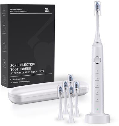 Elektrische tandenborstel - Ondersteunt 5 poetsstanden - Timer van 30 seconden - Oplaadbaar - Set elektrische tandenborstels - Cadeau voor de feestdagen - Wit