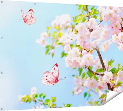 Gards Tuinposter Twee Roze Vlinders bij Roze Bloesem Bloemen - 160x120 cm - Tuindoek - Tuindecoratie - Wanddecoratie buiten - Tuinschilderij