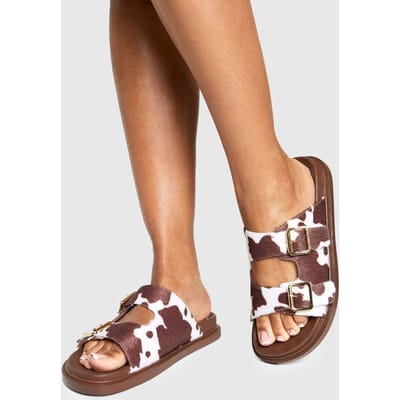 boohoo Dames Cow Print Gespen Sandalen | Tan | Maat: 3