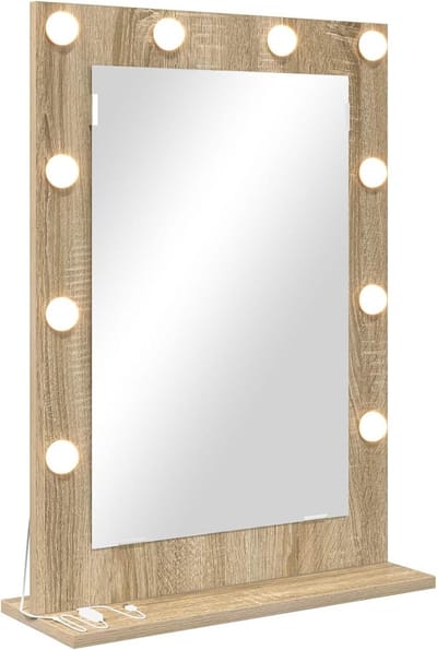 Rechthoekige LED Make-up Spiegel met Warmwit Licht Houtlook Slaapkamer