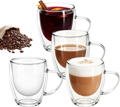 Set van 4 Dubbelwandige Glazen Koffiekoppen van 350ml, Geïsoleerde Mokken voor Thee, Cappuccino en Warme Dranken, Perfecte Cadeaus voor Huizenwarming