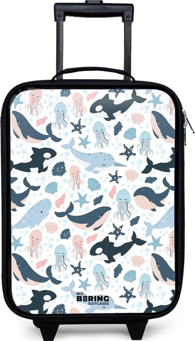 NoBoringSuitcases.com® - Kinderkoffer jongen - Kindertrolley meisje - Zeedierenpatroon met walvissen, kwallen en orka's - Koffer kind lichtgewicht - Reiskoffer trolley voor kinderen - Koffertje met lichtgevende wieltjes - Rolkoffer zwart