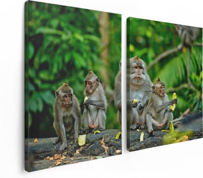 Artaza Canvas Schilderij Tweeluik Groep Apen Eten Bananen In Het Bos - 120x80 - Foto Op Canvas - Canvas Print