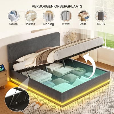 VVBV Gestoffeerd Opbergbed 160x200 cm - Opbergruimte, LED-Verlichting, USB-C, Lattenbodem, Verstelbaar Hoofdbord - Grijs
