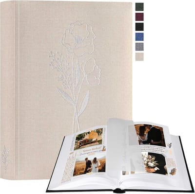 Fotoalbum voor Scrapbooking - Klein Linnen Doe-Het-Zelf Album met 60 Witte Pagina's en Cellofaanscheiders voor Foto's 9 x 13 cm, 10 x 15 cm, 13 x 18 cm (Beige, 19 x 27 cm)