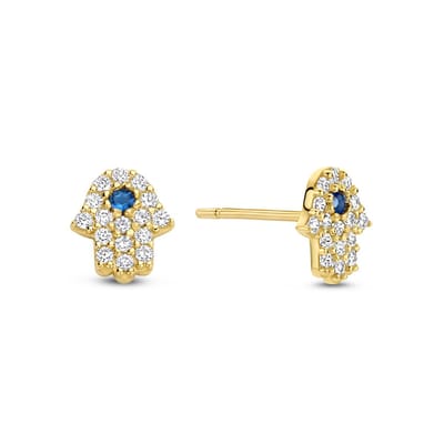 New Bling 9NBG-0642 Gouden Oorbellen Fatima Handje - Zirkonia - 6,7x5,7mm - Oorknopjes - 14 Karaat - Goud