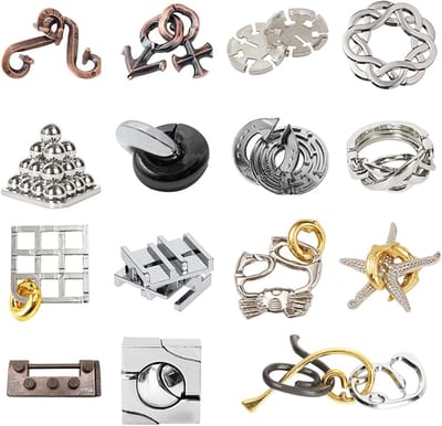 Metalen Puzzel Set - IQ Spelletjes - Hersentraining - 15 Unieke Ontwerpen - 15.9 x 15.6 x 5.5 cm