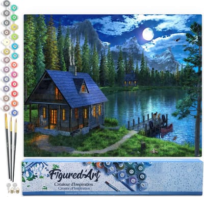 Figured'Art Schilderen op Nummer Volwassenen canvas Nachtelijk meer - Handwerk acrylverf Kit DIY Compleet - 40x50cm zonder frame