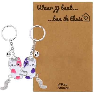 Koppel Sleutelhanger voor 2 'Waar jij bent, ben ik thuis' - Magnetische Katjes - Sleutelhanger set op Cadeau Kaartje - Zilverkleurig - Persoonlijke Hanger - Pax Amare