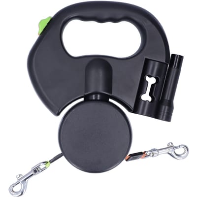 Automatische Intrekbare Hondenriem 1 Slepen 2 Intrekbare Dubbele Hondenriem met Zaklamp en Zak black