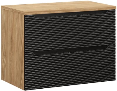 Badplaats Wastafelkast Ocean 80 cm – Mat Zwart met Eiken – Hangend Badmeubel met 2 Lades