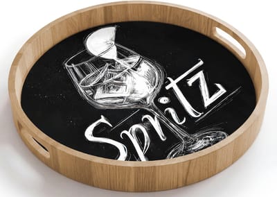 Dienblad rond 40x40 cm - Schootdienblad hout - Glas spritz - Krijtletters - Ijsblokjes - Citroen - Borrelplank rechthoek - Plateau houten dienbladen