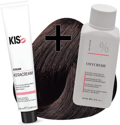 KIS haarverfset - 4CB Middel chocolade bruin  - haarverf & waterstofperoxide