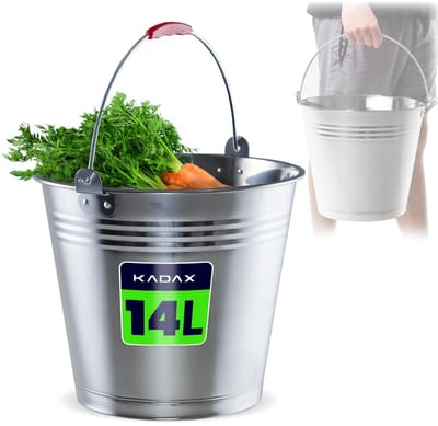 KADAX Zink emmer voor het opbergen, wateremmer van hoogwaardig roestvrij staal, robuuste tuinemmer, mortelemmer, poetsemmer, houder voor het gieten van planten (14 liter)