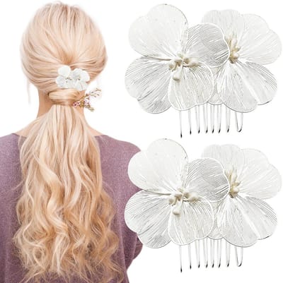 Metalen bloemen kammen - Haaraccessoires bruid - Bruiloft kapsel - Handgemaakt ontwerp - 2 stuks - Zilverkleurig
